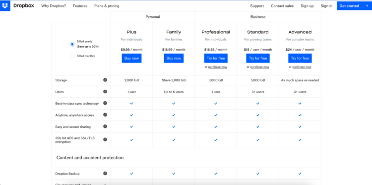 dropbox pricing